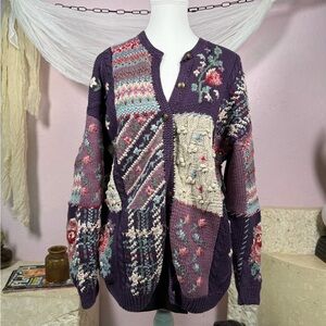 Hand Knit Patchwork Cotton Cardigan – Purple Floral | Large